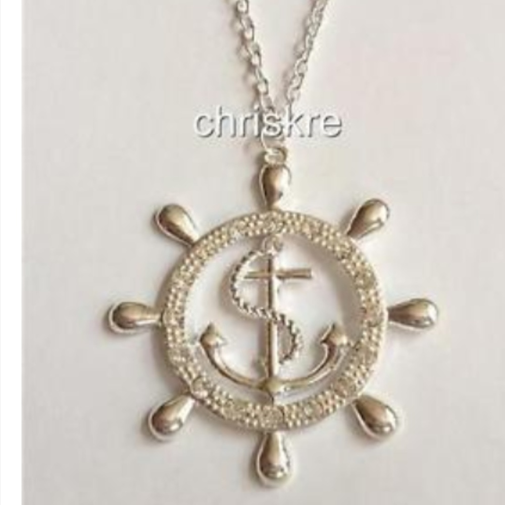 Silver Plated Anchor Wheel Nautical Necklace 24" Chain Plus Size Island Beach